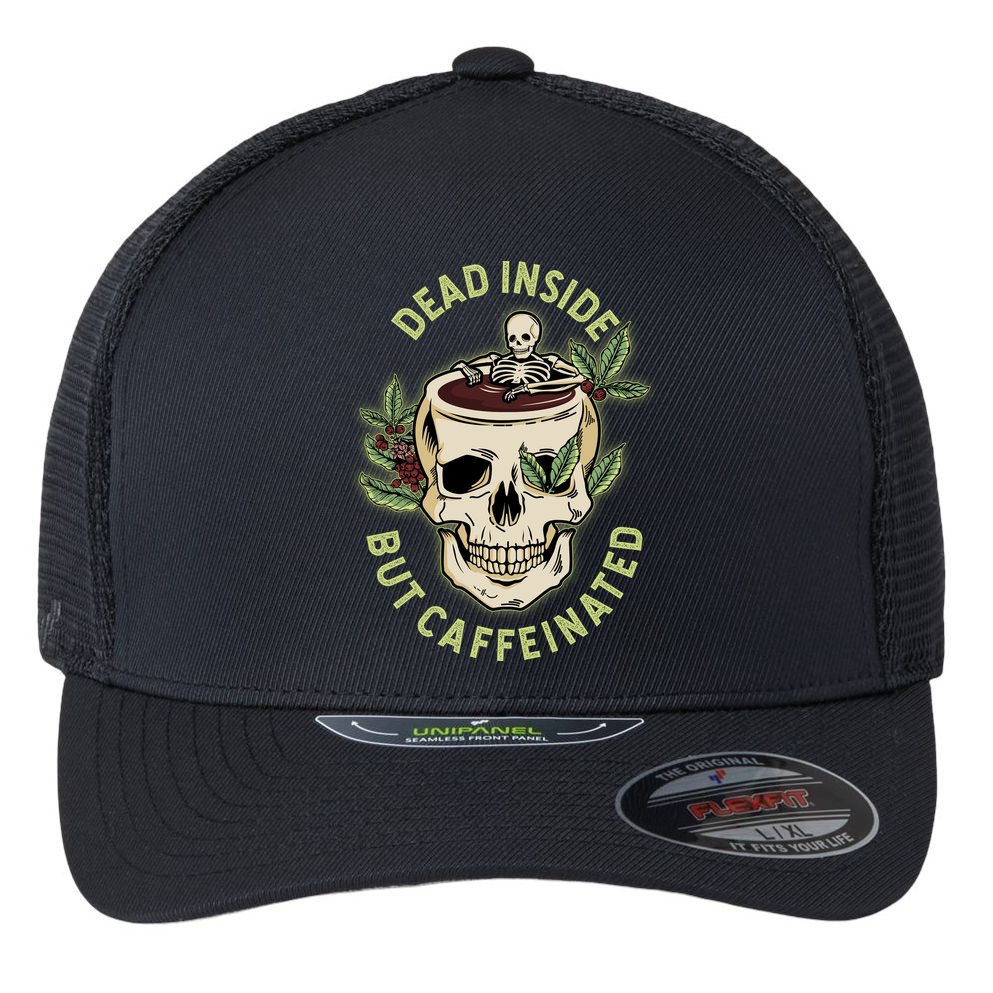 Dead Inside But Caffeinated Coffee Lover Skull Skeleton Flexfit Unipanel Trucker Cap