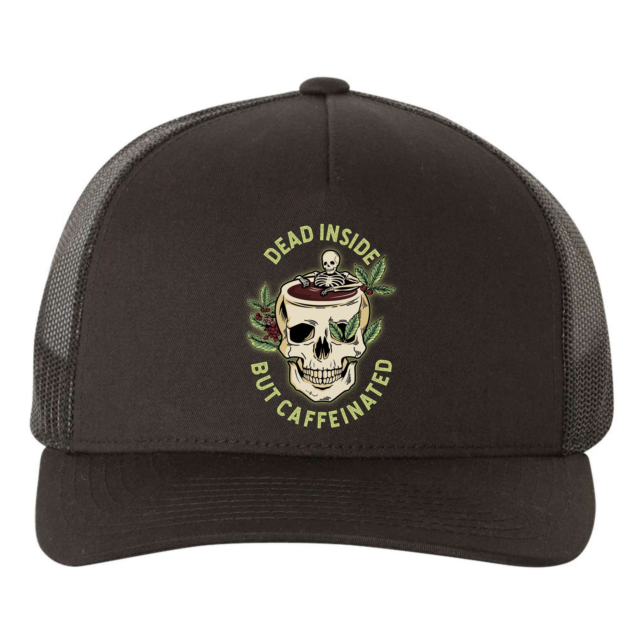 Dead Inside But Caffeinated Coffee Lover Skull Skeleton Yupoong Adult 5-Panel Trucker Hat