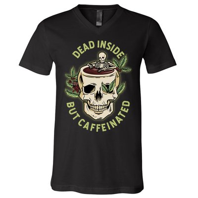Dead Inside But Caffeinated Coffee Lover Skull Skeleton V-Neck T-Shirt