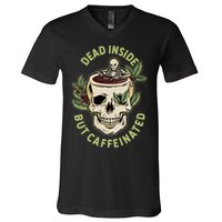 Dead Inside But Caffeinated Coffee Lover Skull Skeleton V-Neck T-Shirt