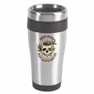 Dead Inside But Caffeinated Coffee Lover Skull Skeleton 16oz Travel Tumbler