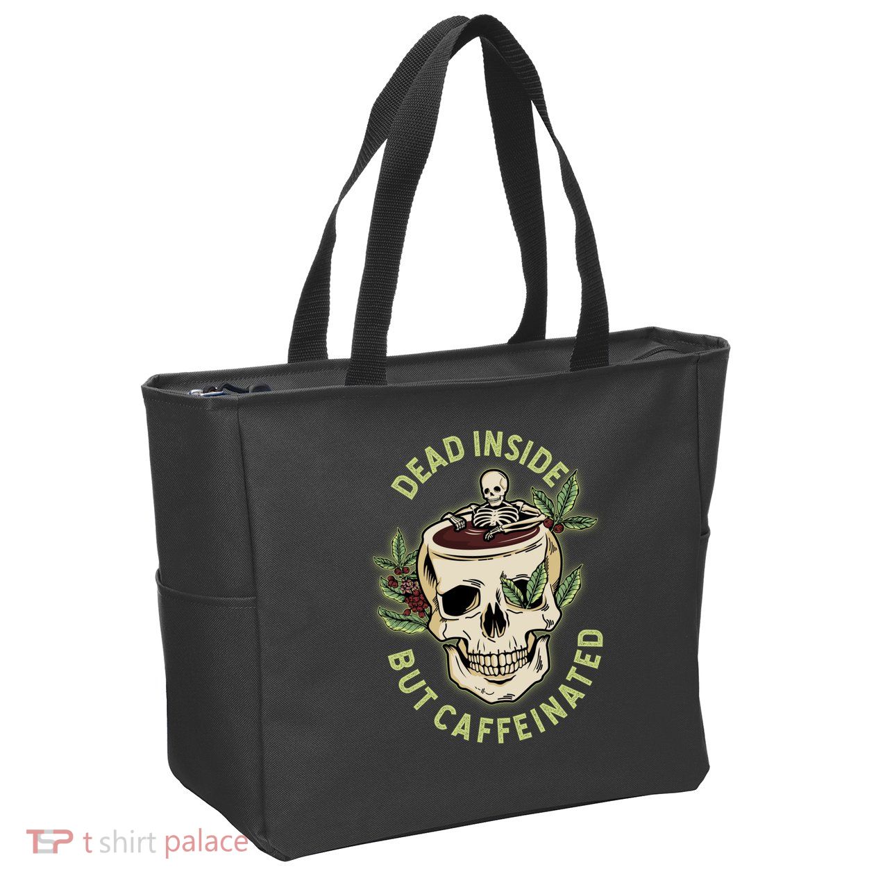 Dead Inside But Caffeinated Coffee Lover Skull Skeleton Zip Tote Bag