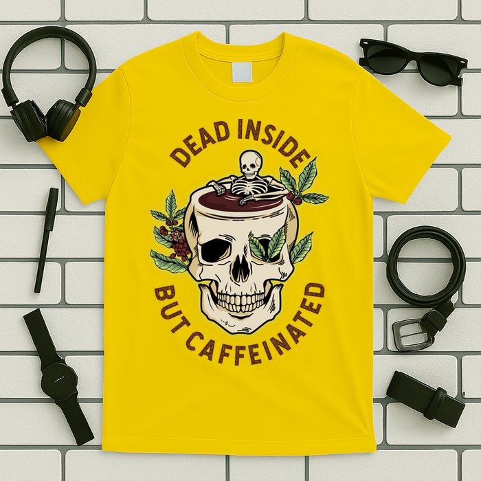 Dead Inside But Caffeinated Coffee Lover Skull Skeleton T-Shirt