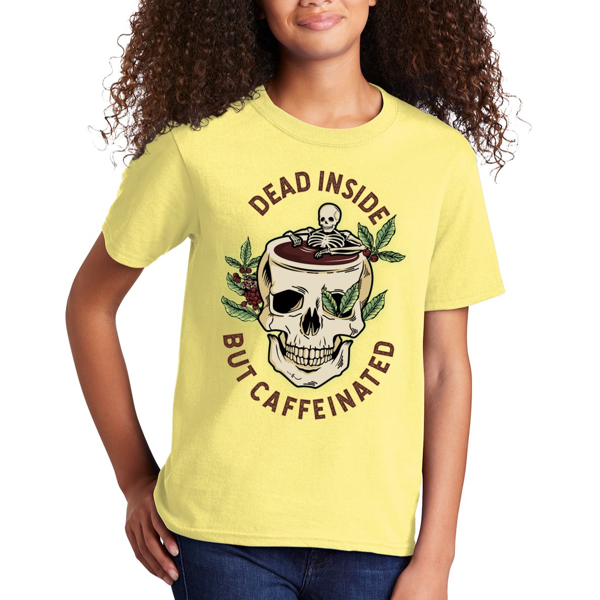 Dead Inside But Caffeinated Coffee Lover Skull Skeleton Kids T-Shirt