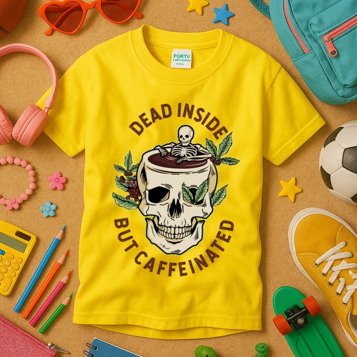 Dead Inside But Caffeinated Coffee Lover Skull Skeleton Kids T-Shirt