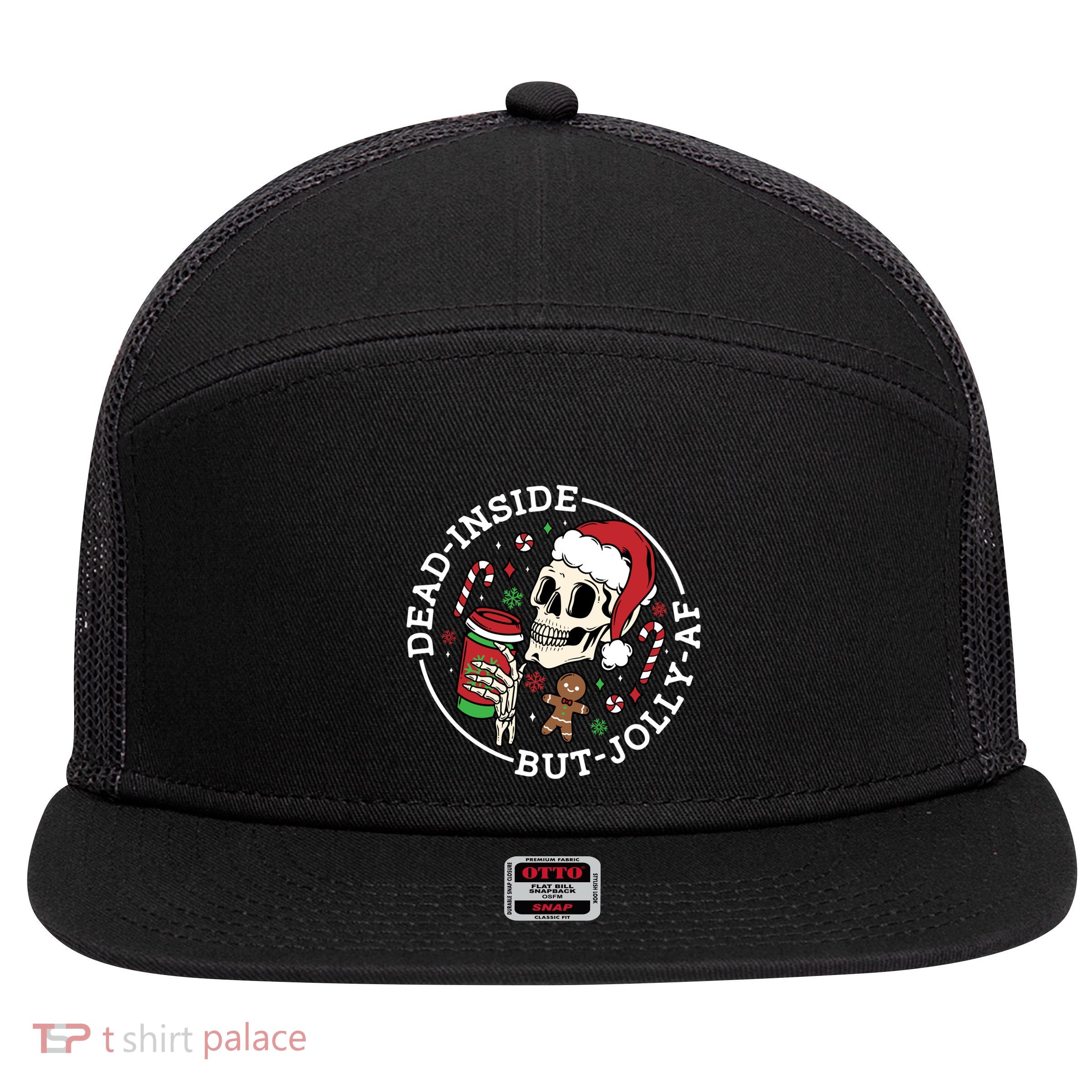 Dead Inside But Jolly Af Christmas Skeleton Santa Xmas Skull Gift 7 Panel Mesh Trucker Snapback Hat