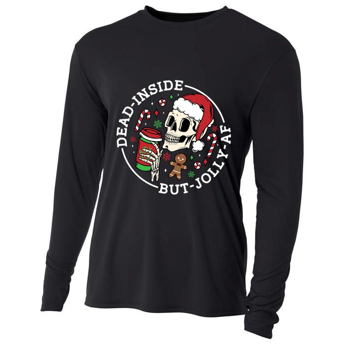 Dead Inside But Jolly Af Christmas Skeleton Santa Xmas Skull Gift Cooling Performance Long Sleeve Crew