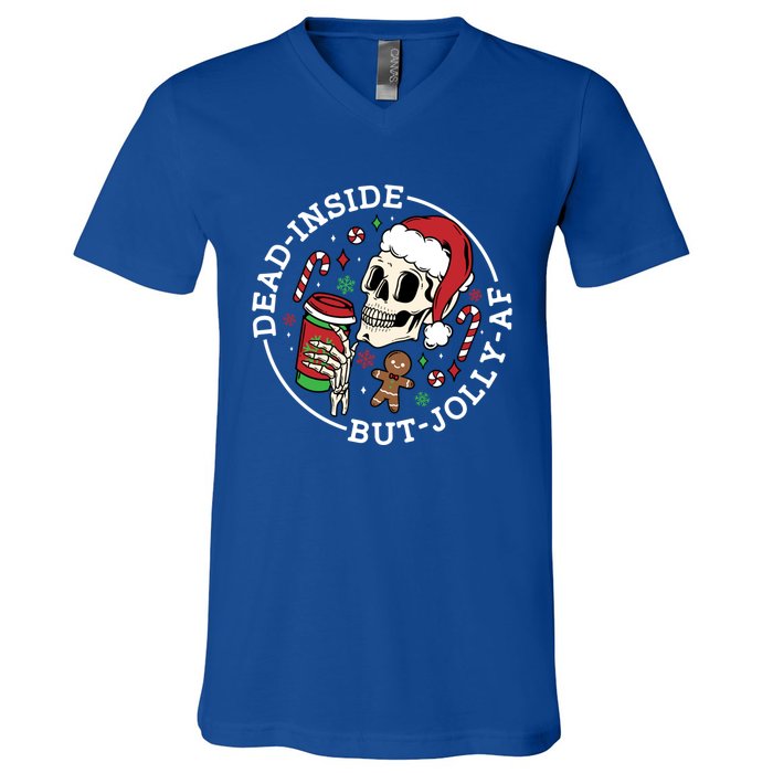 Dead Inside But Jolly Af Christmas Skeleton Santa Xmas Skull Gift V-Neck T-Shirt