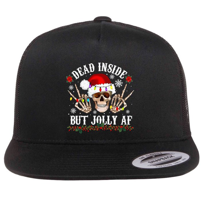 Dead Inside But Jolly AF Funny Christmas Funny Skull Design Flat Bill Trucker Hat