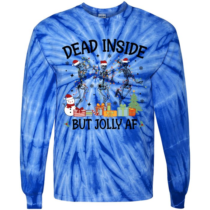 Dead Inside But Jolly Af Dancing Skeleton Graphic Christmas Gift Tie-Dye Long Sleeve Shirt