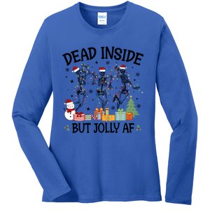 Dead Inside But Jolly Af Dancing Skeleton Graphic Christmas Gift Ladies Long Sleeve Shirt