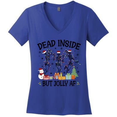 Dead Inside But Jolly Af Dancing Skeleton Graphic Christmas Gift Women's V-Neck T-Shirt