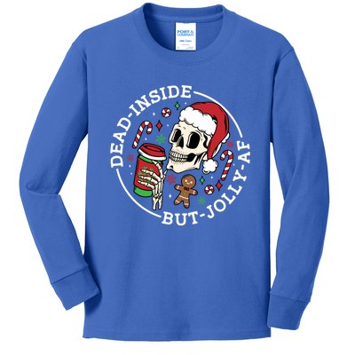 Dead Inside But Jolly Af Christmas Skeleton Santa Pajama Gift Kids Long Sleeve Shirt