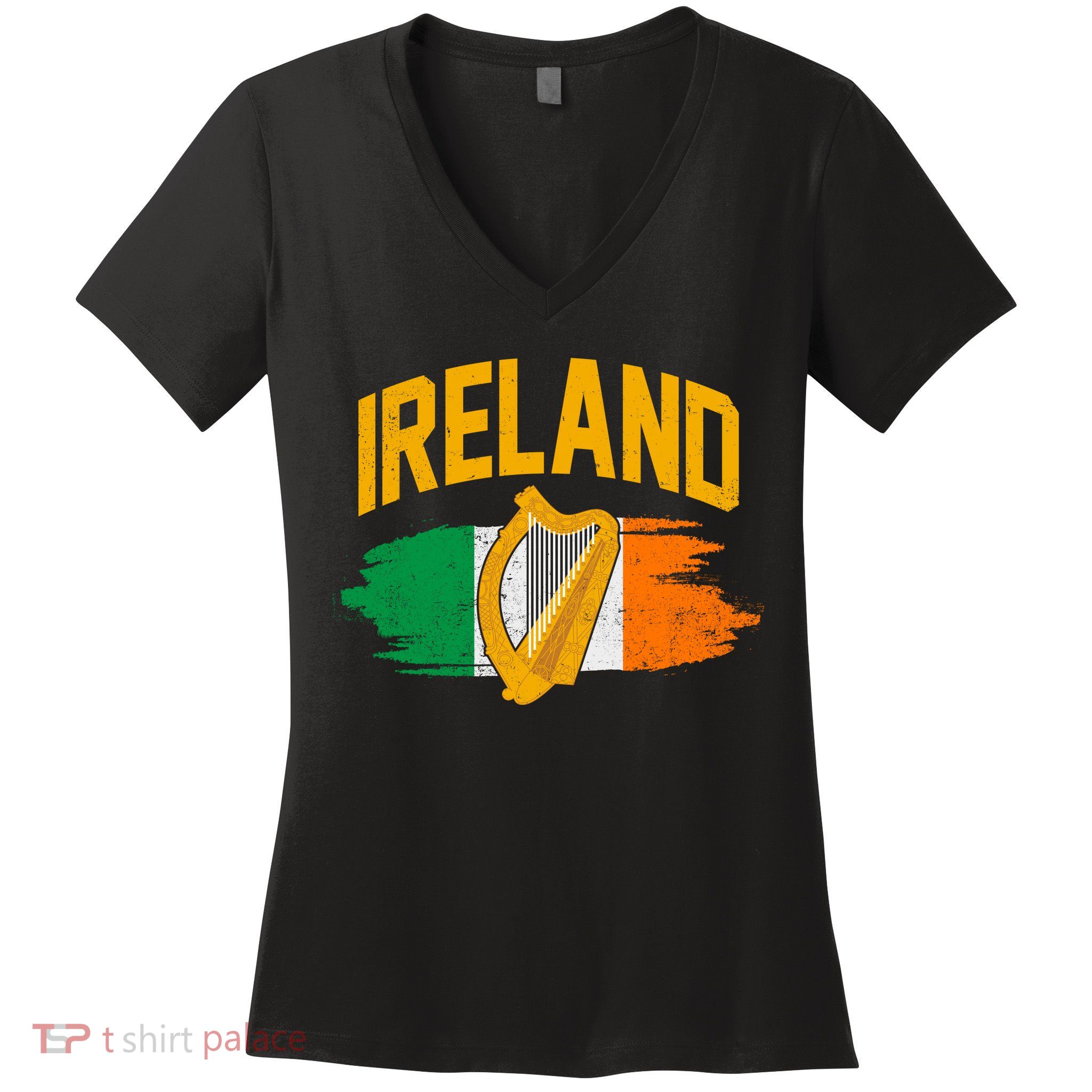 Distressed Ireland Coat Of Arms Harp Flag Women's V-Neck T-Shirt