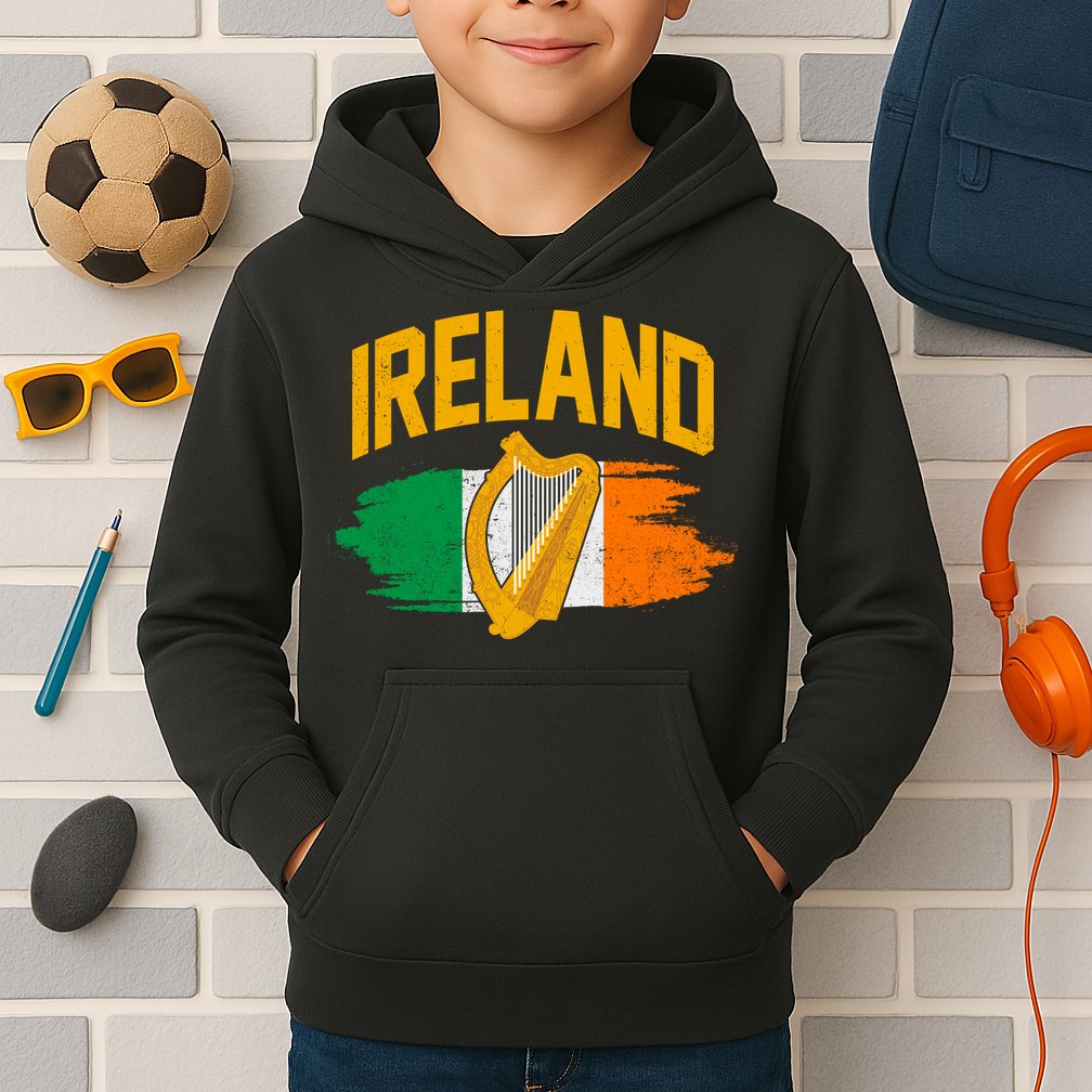 Distressed Ireland Coat Of Arms Harp Flag Kids Hoodie