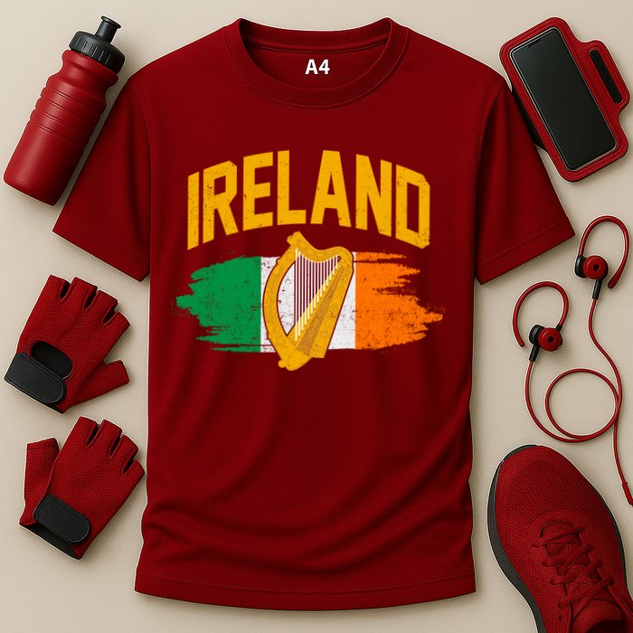 Distressed Ireland Coat Of Arms Harp Flag Cooling Performance Crew T-Shirt