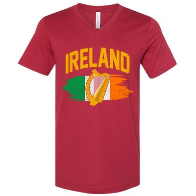 Distressed Ireland Coat Of Arms Harp Flag V-Neck T-Shirt