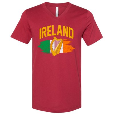 Distressed Ireland Coat Of Arms Harp Flag V-Neck T-Shirt