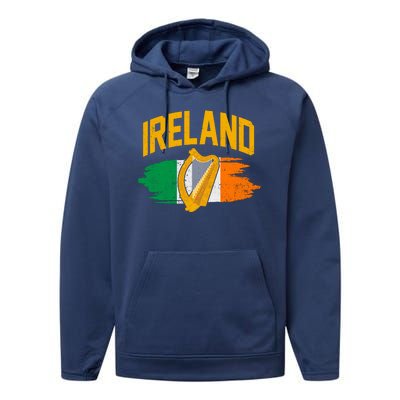 Distressed Ireland Coat Of Arms Harp Flag Performance Fleece Hoodie