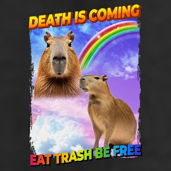 Death Is Coming Eat Trash Be Free Capibara 7 Panel Mesh Trucker Snapback Hat