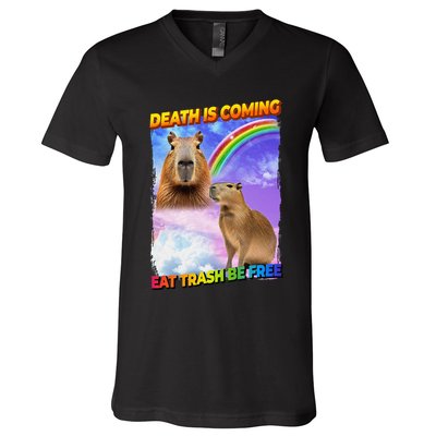 Death Is Coming Eat Trash Be Free Capibara V-Neck T-Shirt
