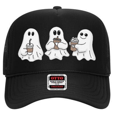 Drinking Ice Coffee Latte Beverage Ghost Halloween High Crown Mesh Back Trucker Hat