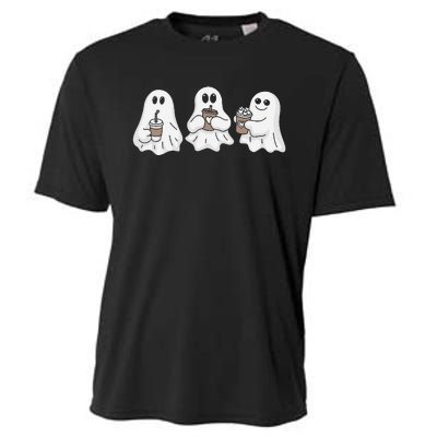 Drinking Ice Coffee Latte Beverage Ghost Halloween Cooling Performance Crew T-Shirt