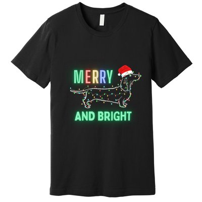 Dachshund In Christmas Lights Santa Hat Merry And Bright Premium T-Shirt