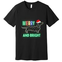 Dachshund In Christmas Lights Santa Hat Merry And Bright Premium T-Shirt