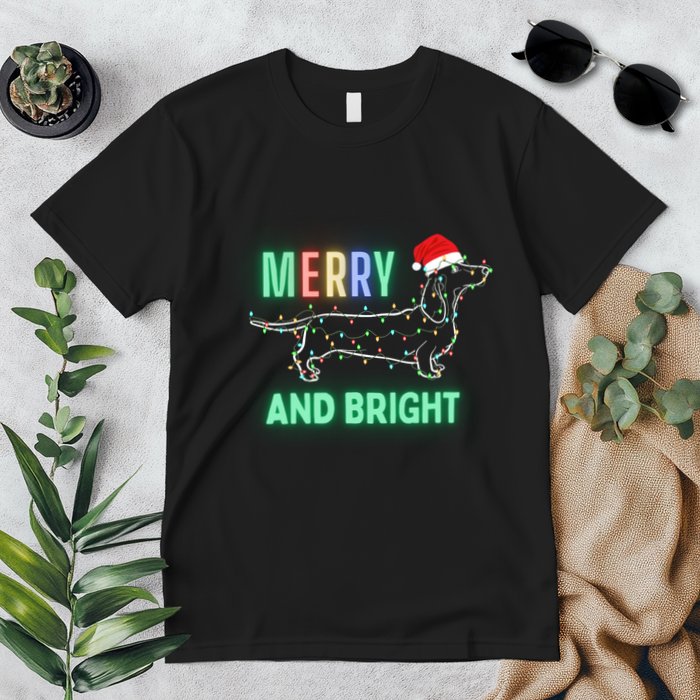 Dachshund In Christmas Lights Santa Hat Merry And Bright Premium T-Shirt