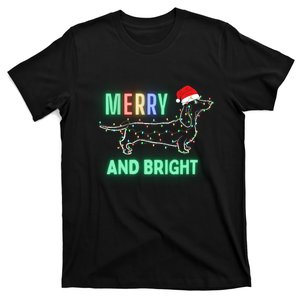 Dachshund In Christmas Lights Santa Hat Merry And Bright T-Shirt