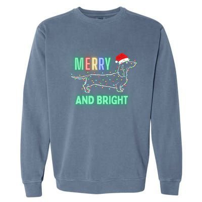 Dachshund In Christmas Lights Santa Hat Merry And Bright Meaningful Gift Garment-Dyed Sweatshirt