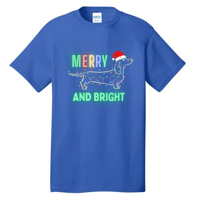 Dachshund In Christmas Lights Santa Hat Merry And Bright Meaningful Gift Tall T-Shirt