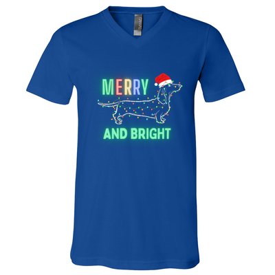 Dachshund In Christmas Lights Santa Hat Merry And Bright Meaningful Gift V-Neck T-Shirt