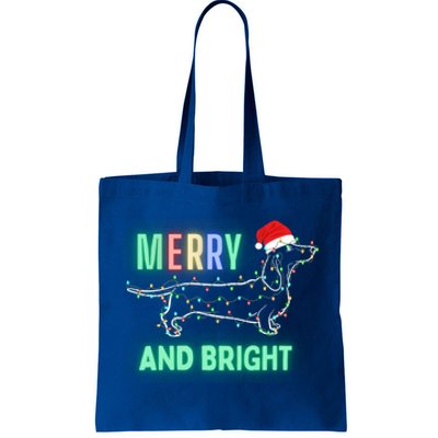 Dachshund In Christmas Lights Santa Hat Merry And Bright Meaningful Gift Tote Bag