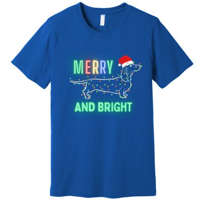 Dachshund In Christmas Lights Santa Hat Merry And Bright Meaningful Gift Premium T-Shirt