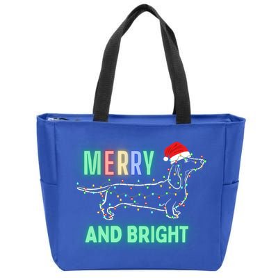 Dachshund In Christmas Lights Santa Hat Merry And Bright Meaningful Gift Zip Tote Bag