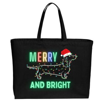 Dachshund In Christmas Lights Santa Hat Merry And Bright Meaningful Gift Cotton Canvas Jumbo Tote