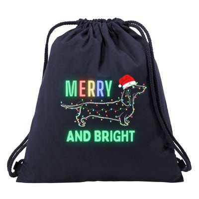 Dachshund In Christmas Lights Santa Hat Merry And Bright Meaningful Gift Drawstring Bag