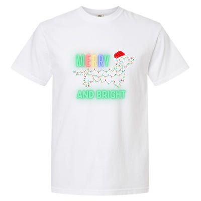 Dachshund In Christmas Lights Santa Hat Merry And Bright Meaningful Gift Garment-Dyed Heavyweight T-Shirt