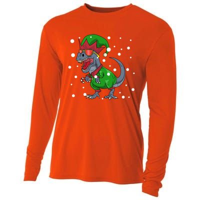 Dinosaur In Elf Costume Christmas Gnome Trex Gift Cooling Performance Long Sleeve Crew