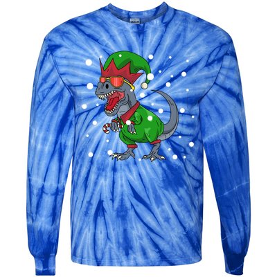 Dinosaur In Elf Costume Christmas Gnome Trex Gift Tie-Dye Long Sleeve Shirt