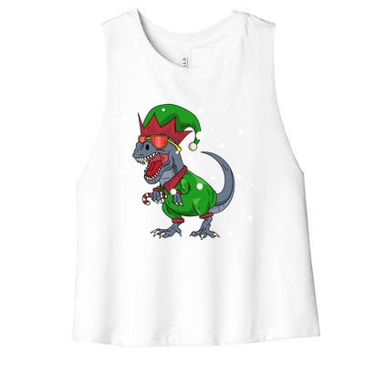 Dinosaur In Elf Costume Christmas Gnome Trex Gift Women's Racerback Cropped Tank