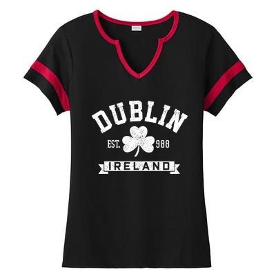 Dublin Ireland Est 988 Clover Leaf Shamrock St Patricks Day Gift Ladies Halftime Notch Neck Tee