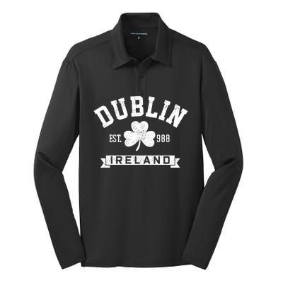 Dublin Ireland Est 988 Clover Leaf Shamrock St Patricks Day Gift Silk Touch Performance Long Sleeve Polo