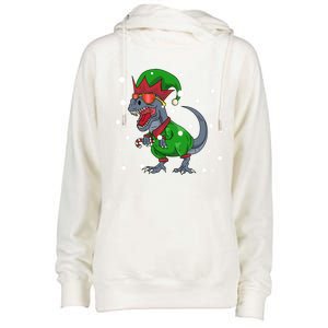 Dinosaur In Elf Costume Christmas Gnome Trex Gift Womens Funnel Neck Pullover Hood