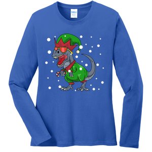 Dinosaur In Elf Costume Christmas Gnome Trex Gift Ladies Long Sleeve Shirt