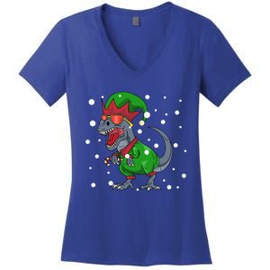 Dinosaur In Elf Costume Christmas Gnome Trex Gift Women's V-Neck T-Shirt