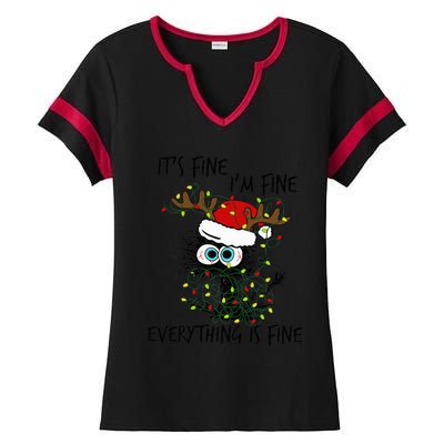 Deer Its Fine I'm Fine Everything is Fine Christmas Tree Cat Ladies Halftime Notch Neck Tee