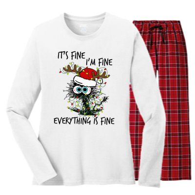 Deer Its Fine I'm Fine Everything is Fine Christmas Tree Cat Women's Long Sleeve Flannel Pajama Set 